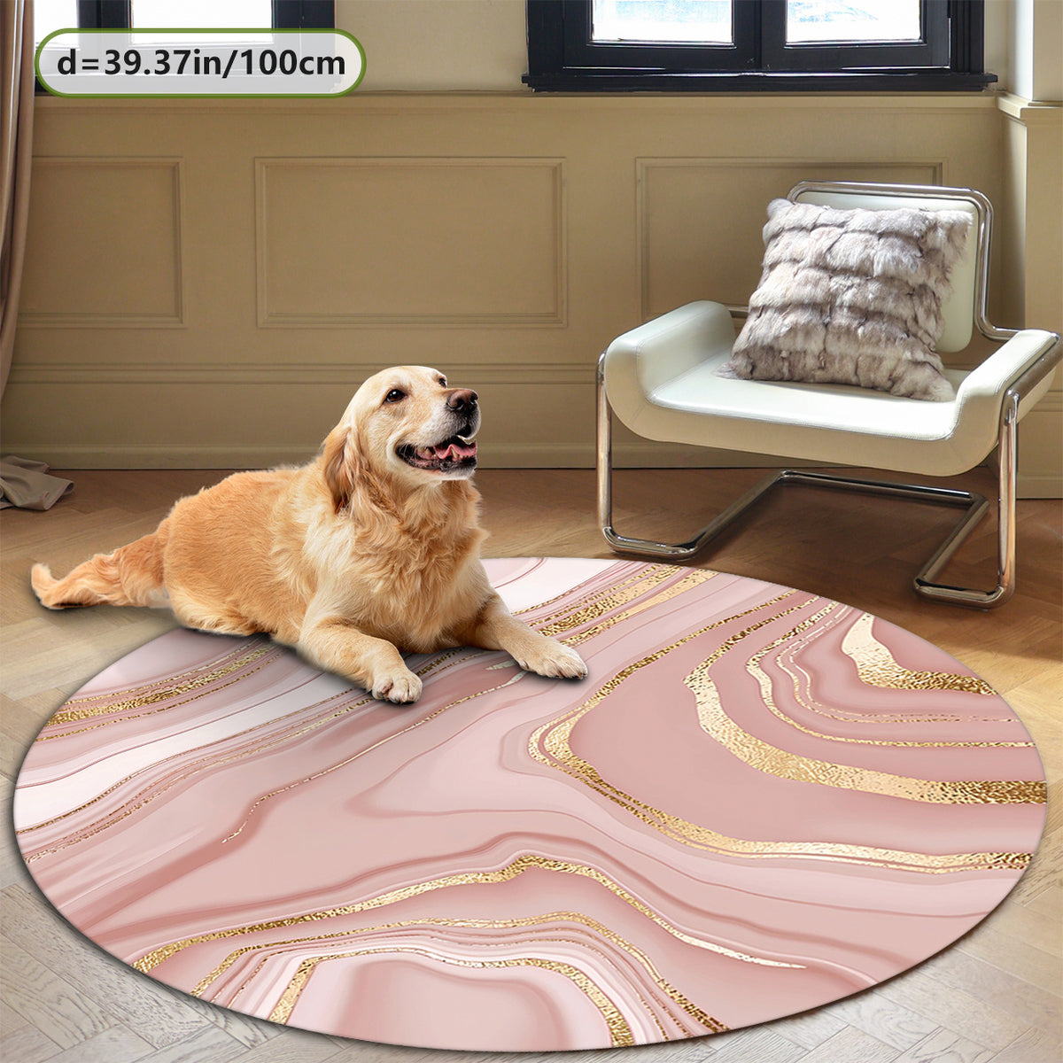 Tapis rond marbre rose et veines dorées, trois diamètres