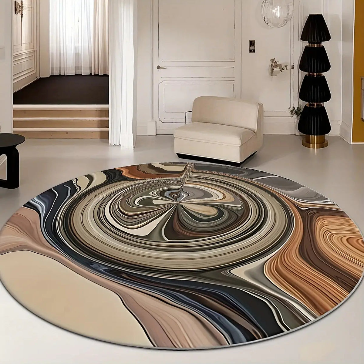 Tapis rond effet marbré, spirale taupe, bronze et crème