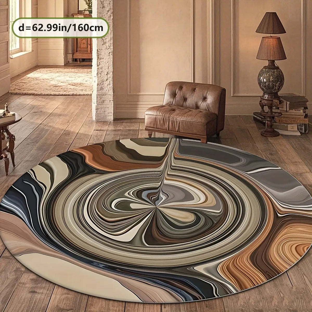 Tapis rond effet marbré, spirale taupe, bronze et crème