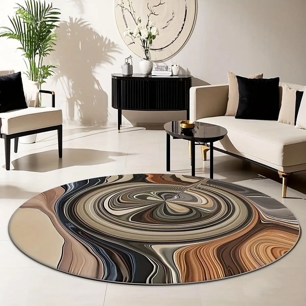 Tapis rond effet marbré, spirale taupe, bronze et crème