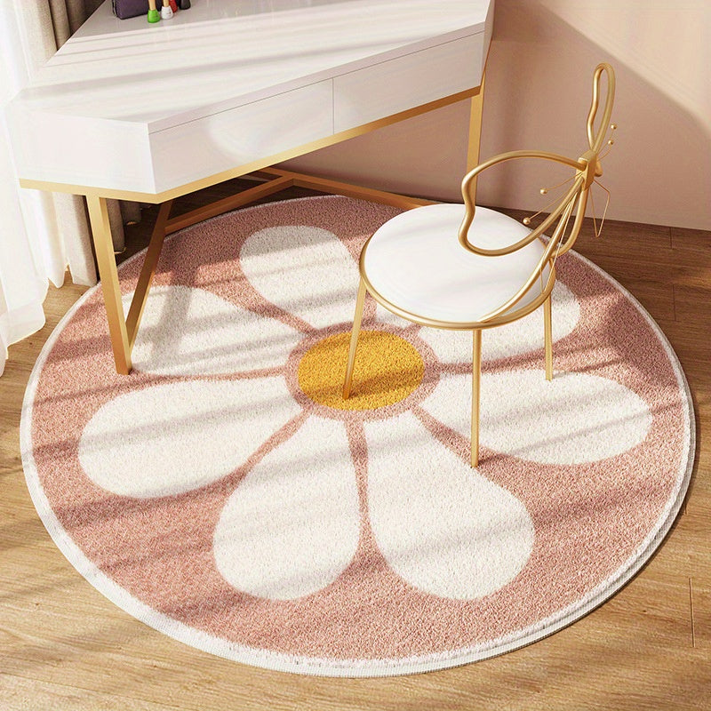 Tapis rond marguerite rose poudré, velours doux, Ø 120 cm