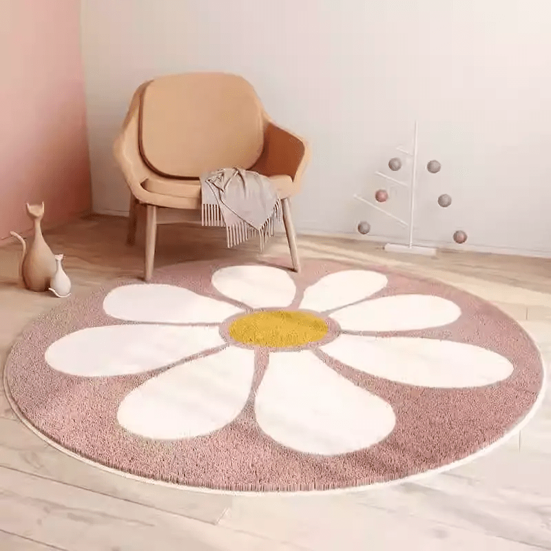 Tapis rond marguerite rose poudré, velours doux, Ø 120 cm