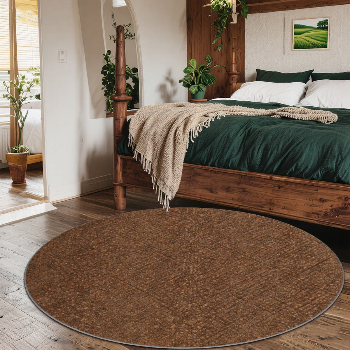 Tapis rond marron chiné, velours imprimé de 160 cm de diamètre