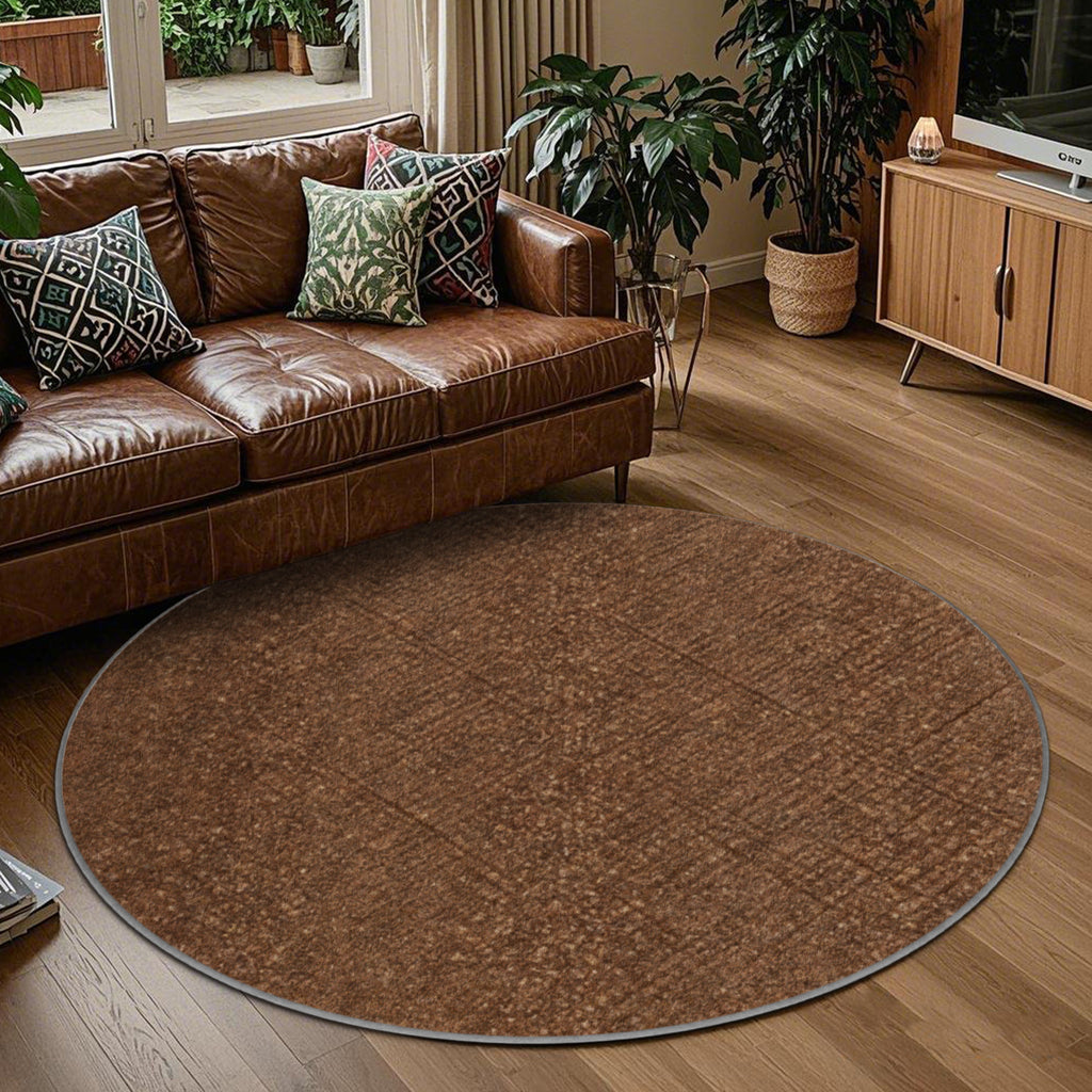 Tapis rond marron chiné, velours imprimé de 160 cm de diamètre
