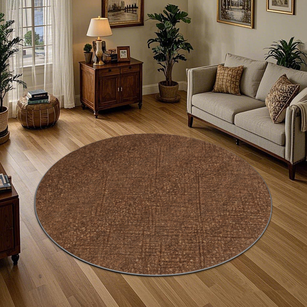 Tapis rond marron chiné, velours imprimé de 160 cm de diamètre