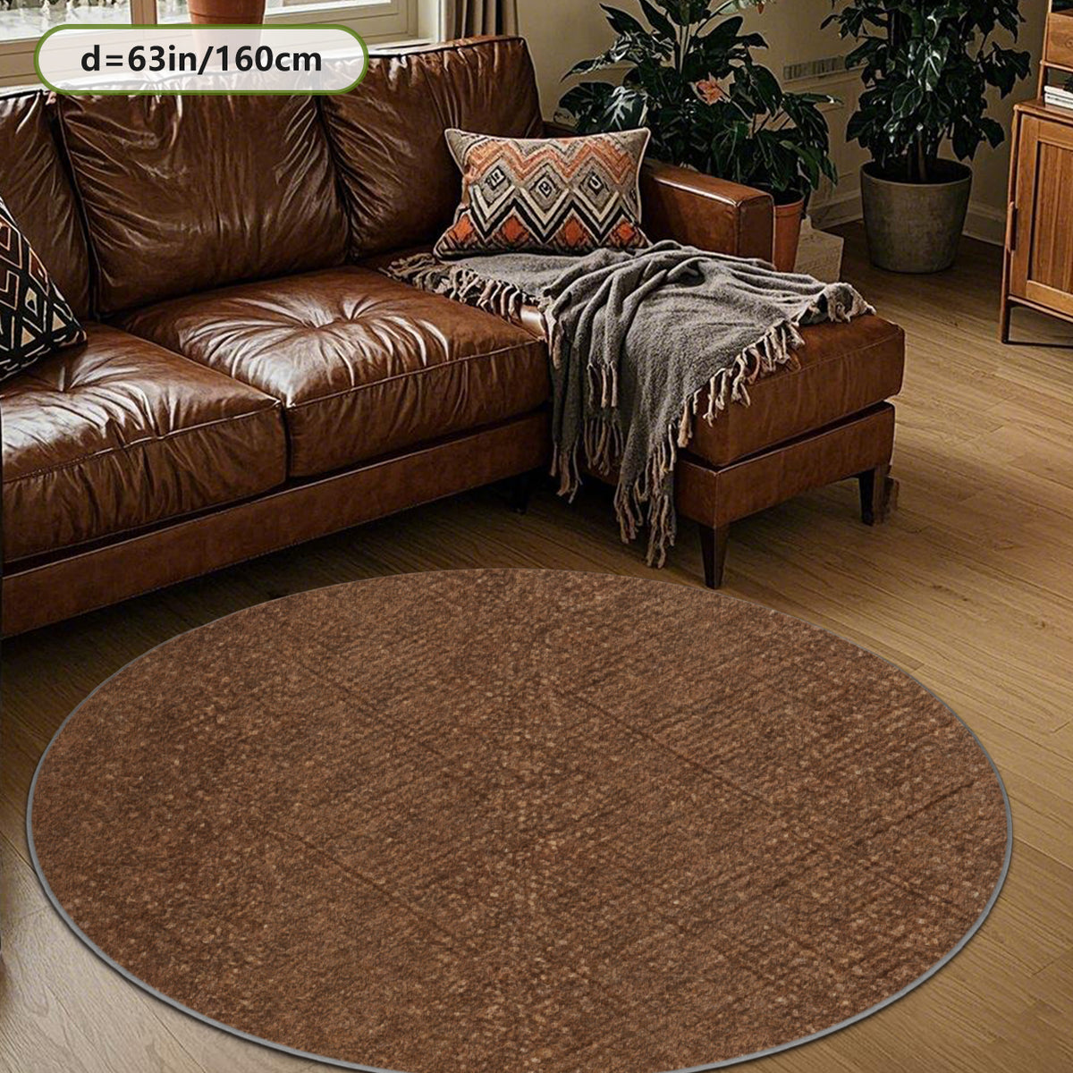 Tapis rond marron chiné, velours imprimé de 160 cm de diamètre