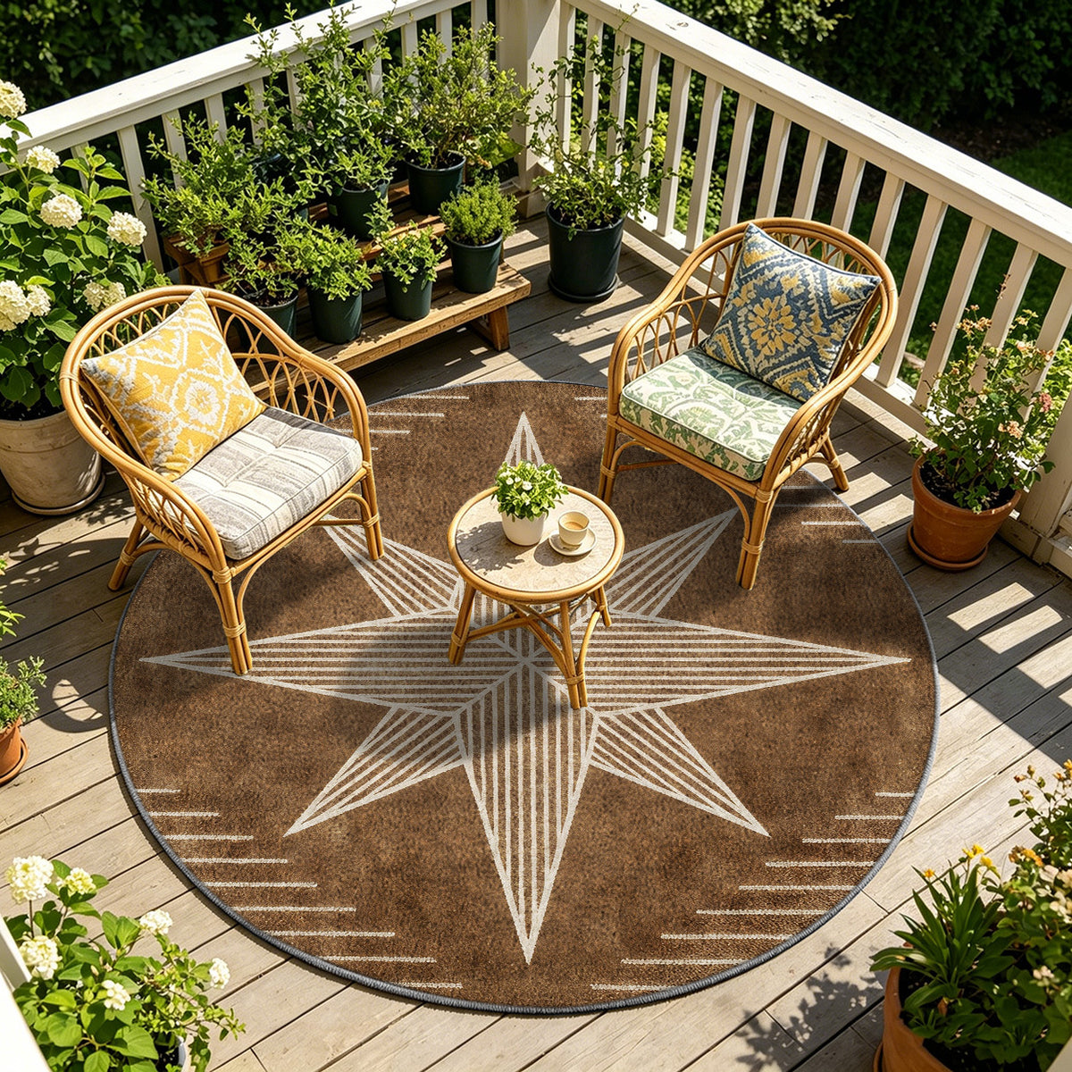 Tapis rond marron à étoile crème lavable, quatre diamètres