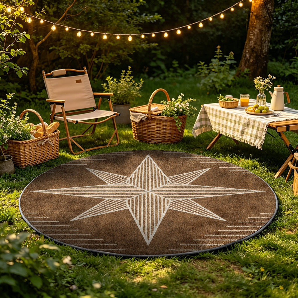 Tapis rond marron à étoile crème lavable, quatre diamètres