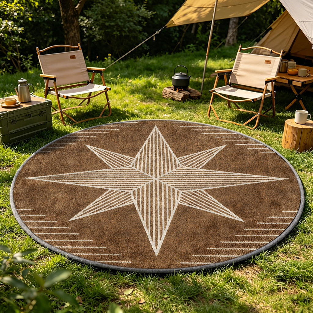 Tapis rond marron à étoile crème lavable, quatre diamètres