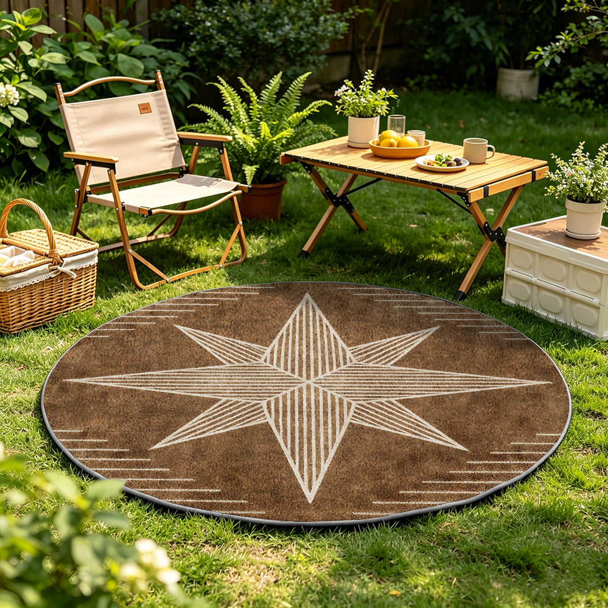 Tapis rond marron à étoile crème lavable, quatre diamètres