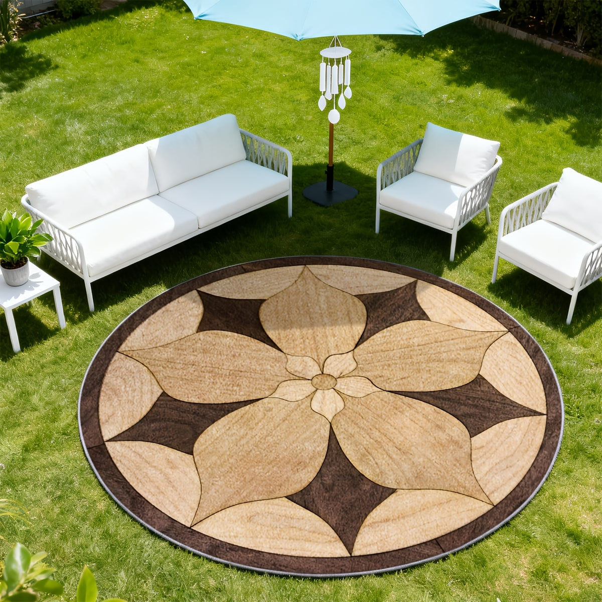 Tapis rond marron à grande fleur en effet marqueterie bois