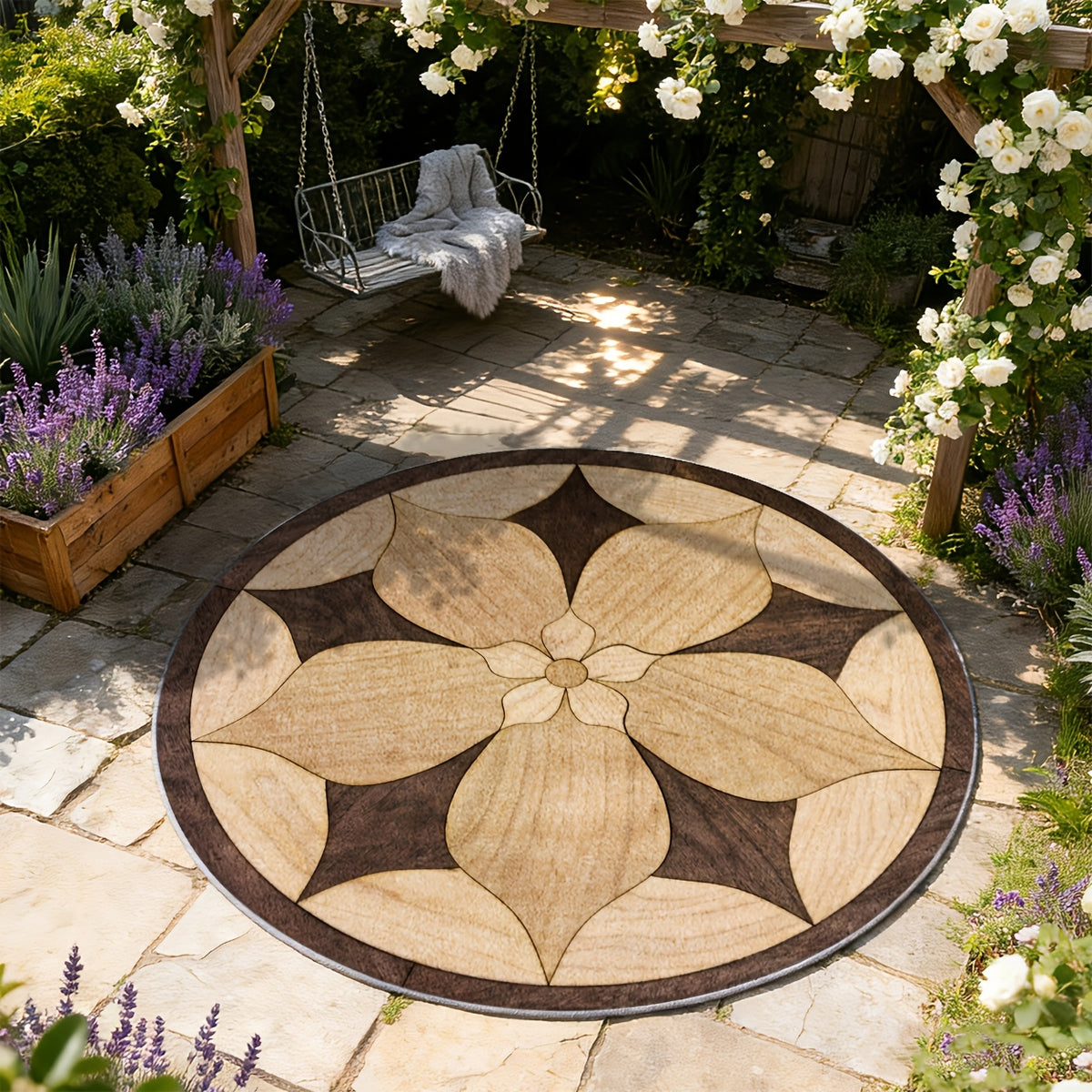Tapis rond marron à grande fleur en effet marqueterie bois