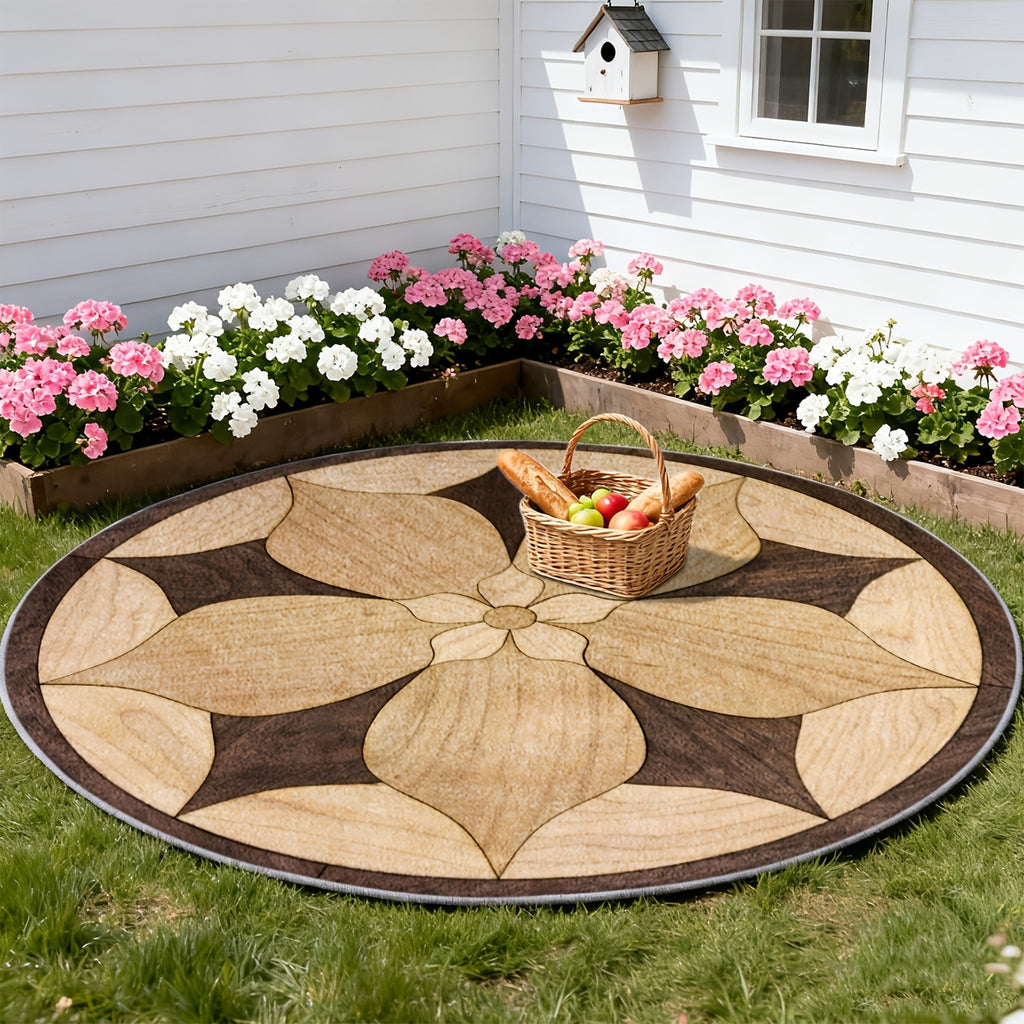Tapis rond marron à grande fleur en effet marqueterie bois