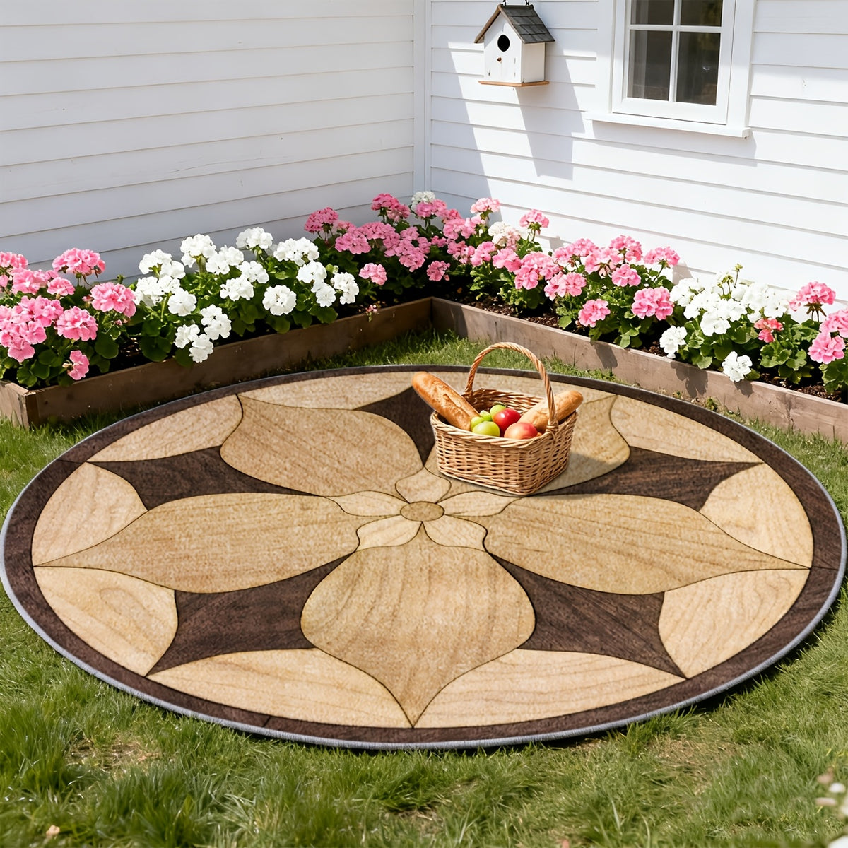 Tapis rond marron à grande fleur en effet marqueterie bois