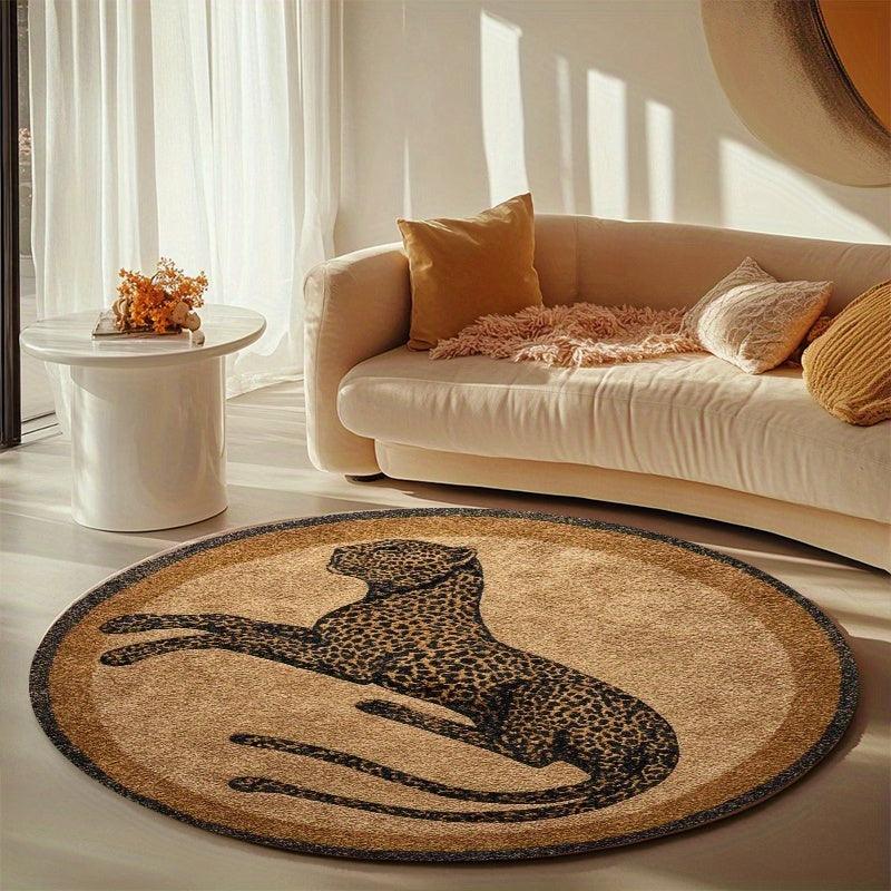 Tapis rond marron à léopard couché, velours ras 520 g/m²