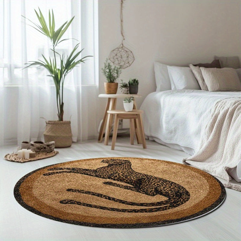 Tapis rond marron à léopard couché, velours ras 520 g/m²