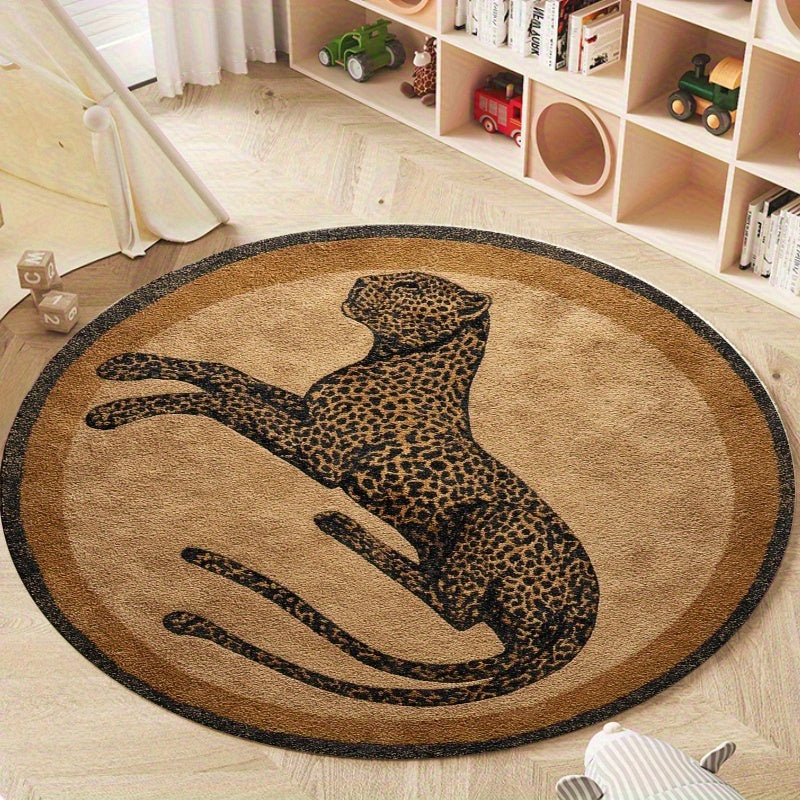 Tapis rond marron à léopard couché, velours ras 520 g/m²