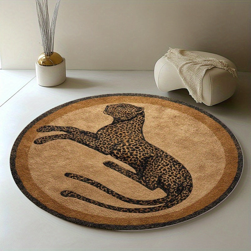 Tapis rond marron à léopard couché, velours ras 520 g/m²