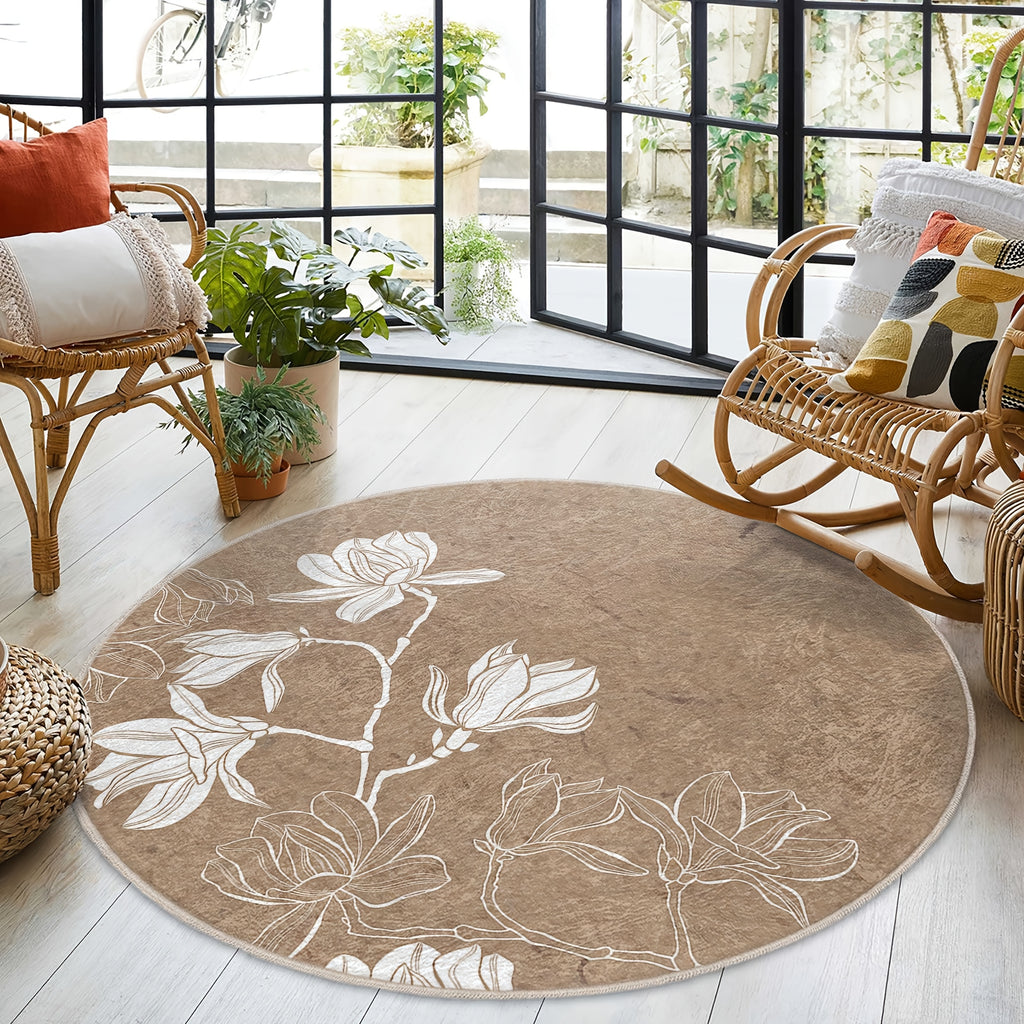 Tapis rond marron à magnolias blancs dessinés au trait fin