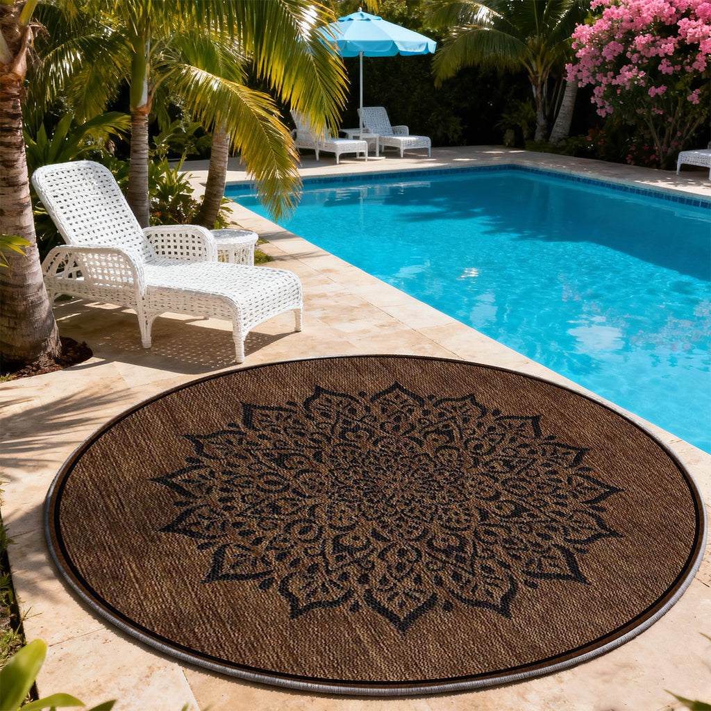 Tapis rond marron à grand mandala noir ajouré, Ø 200 cm