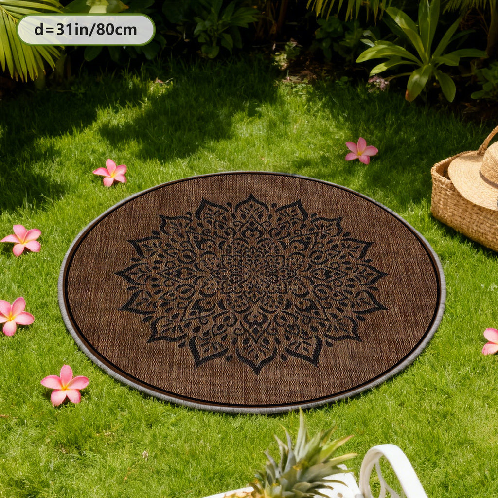 Tapis rond marron à grand mandala noir ajouré, Ø 200 cm