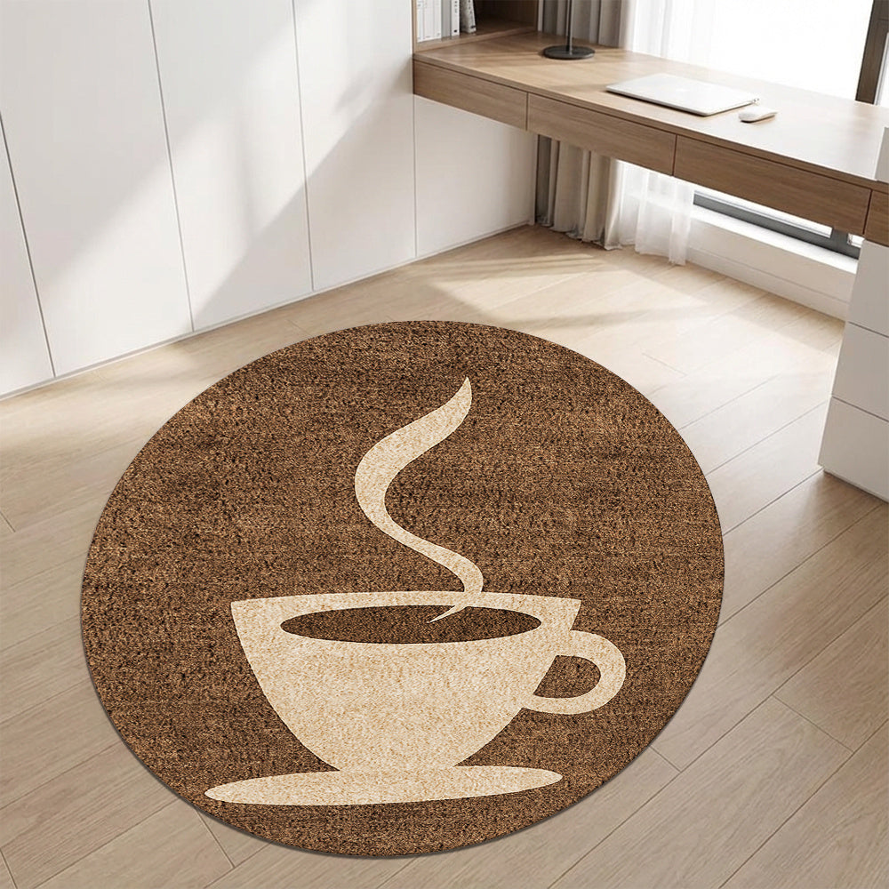 Tapis rond marron à grande tasse de café beige dessinée