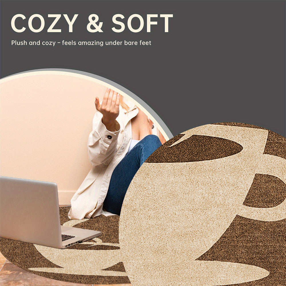 Tapis rond marron à grande tasse de café beige dessinée