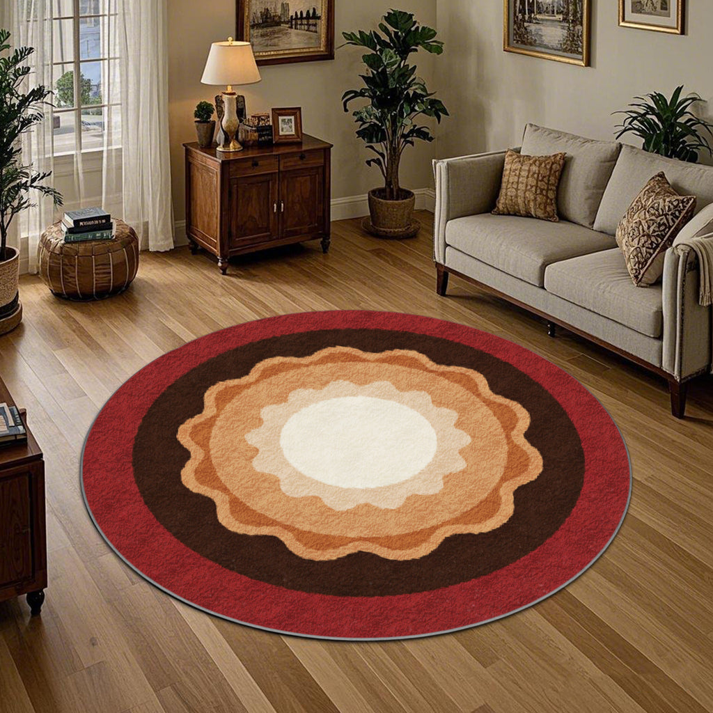 Tapis rond à médaillon festonné, rouge brique et crème chaud