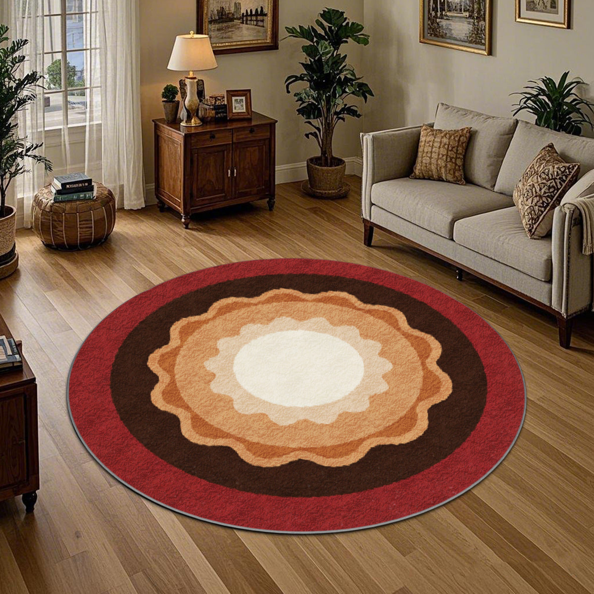 Tapis rond à médaillon festonné, rouge brique et crème chaud