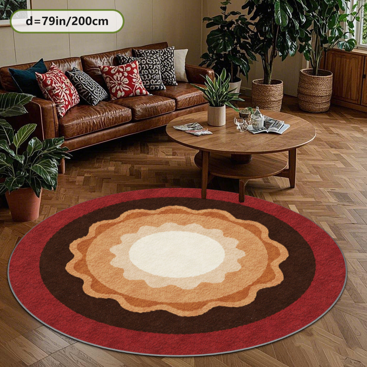 Tapis rond à médaillon festonné, rouge brique et crème chaud
