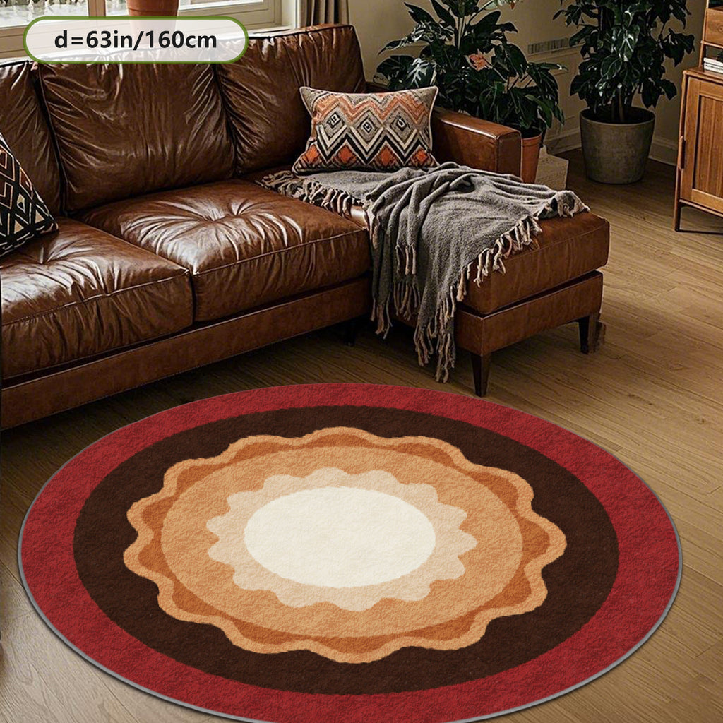 Tapis rond à médaillon festonné, rouge brique et crème chaud