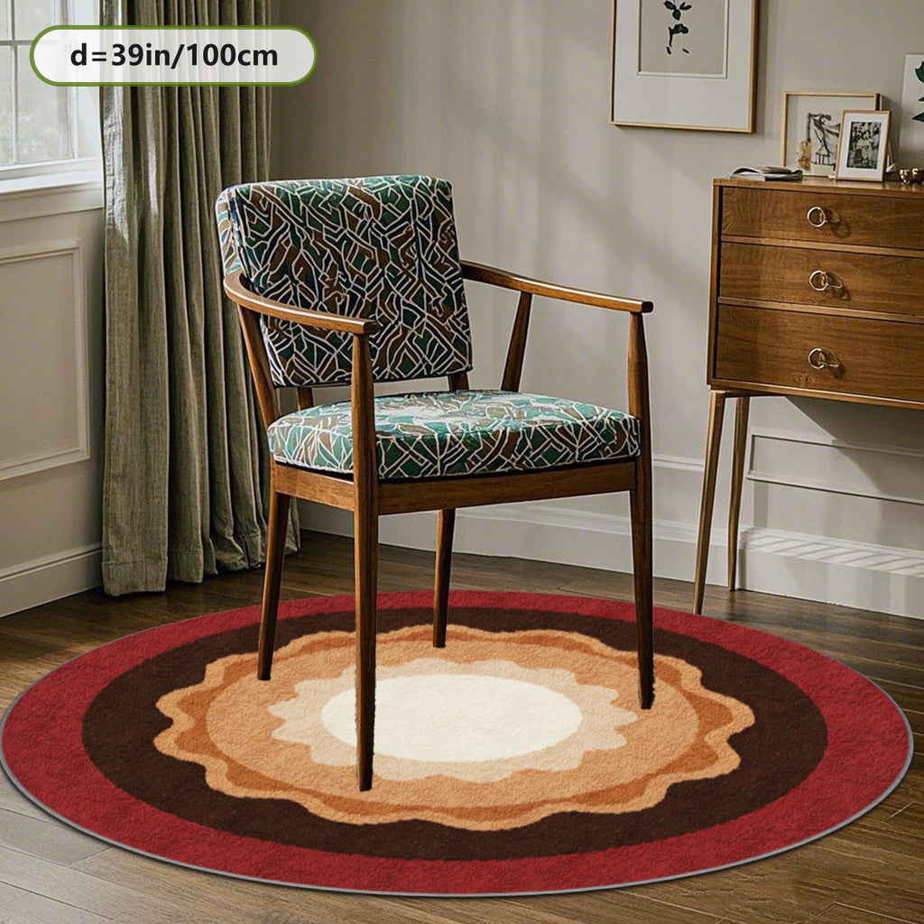 Tapis rond à médaillon festonné, rouge brique et crème chaud