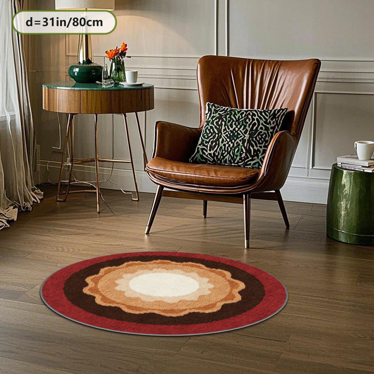 Tapis rond à médaillon festonné, rouge brique et crème chaud