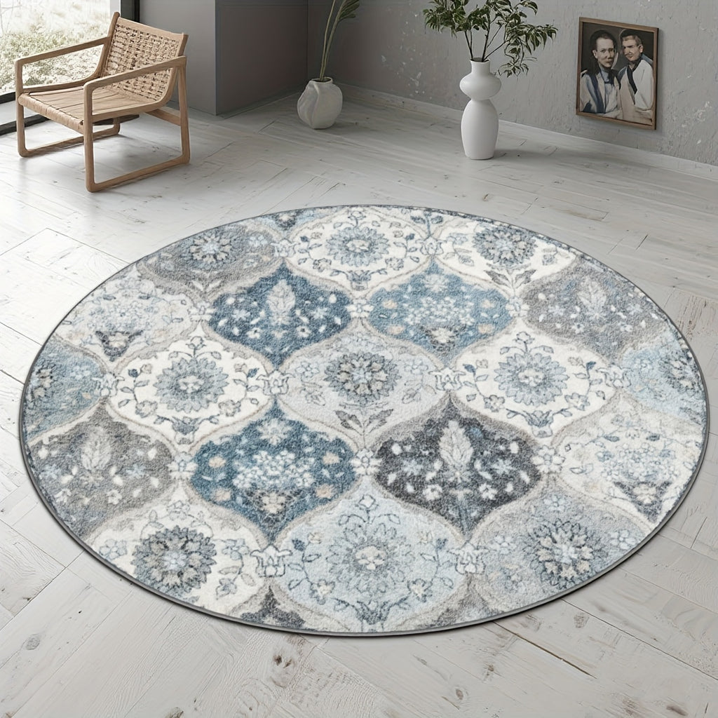 Tapis rond médaillons persans ivoire, bleu ardoise et gris