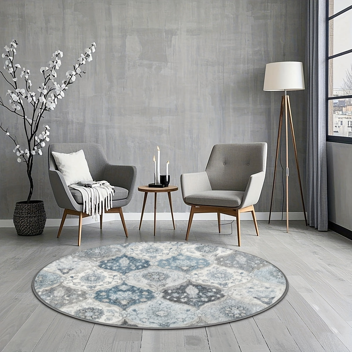 Tapis rond médaillons persans ivoire, bleu ardoise et gris
