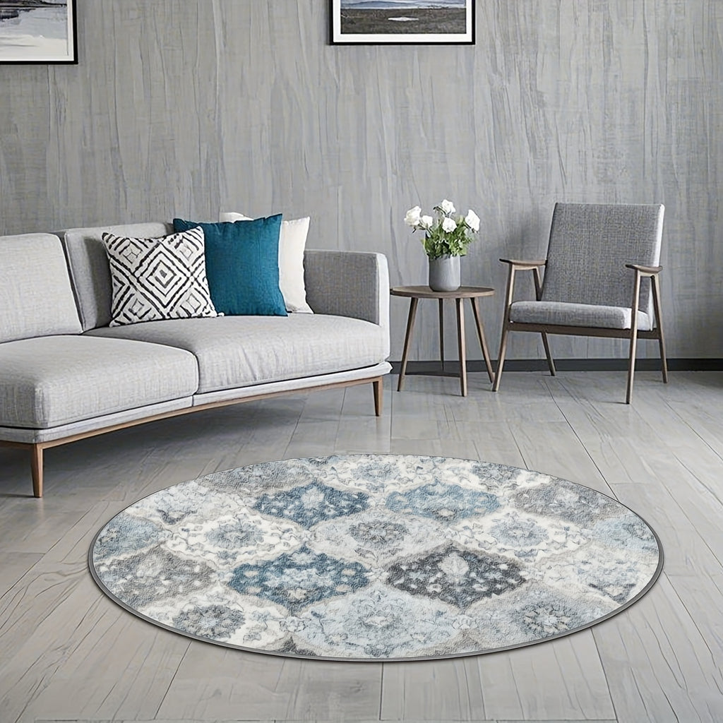 Tapis rond médaillons persans ivoire, bleu ardoise et gris