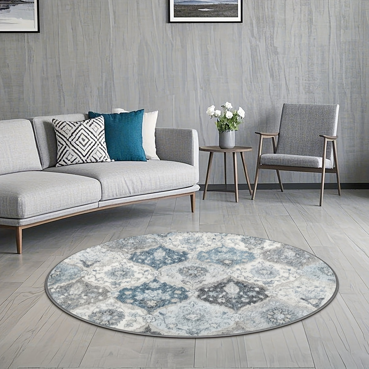 Tapis rond médaillons persans ivoire, bleu ardoise et gris