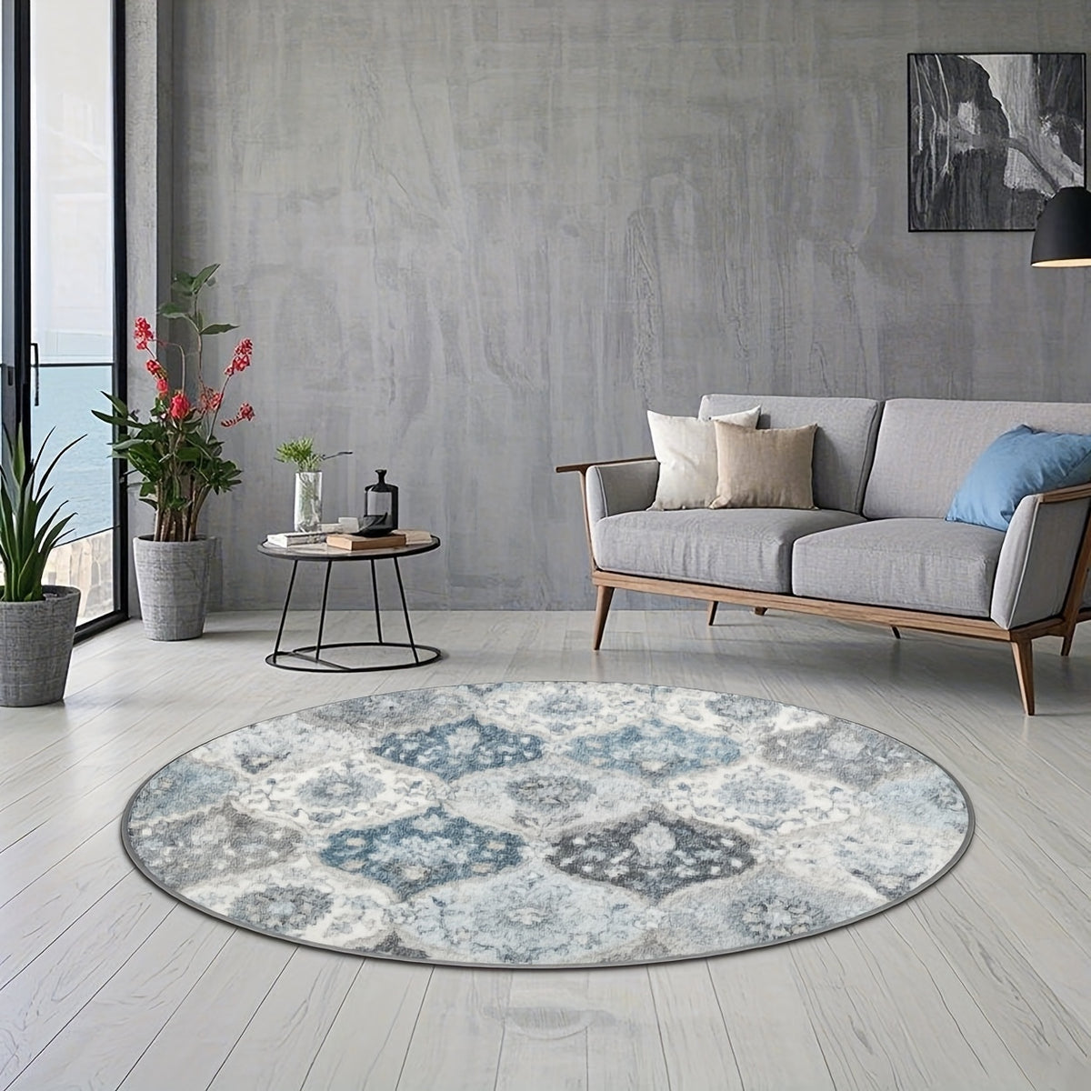 Tapis rond médaillons persans ivoire, bleu ardoise et gris