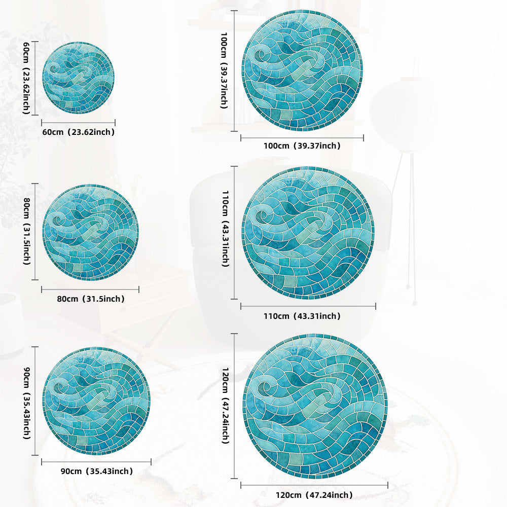 Tapis rond mosaïque ondulée turquoise, dix diamètres au choix