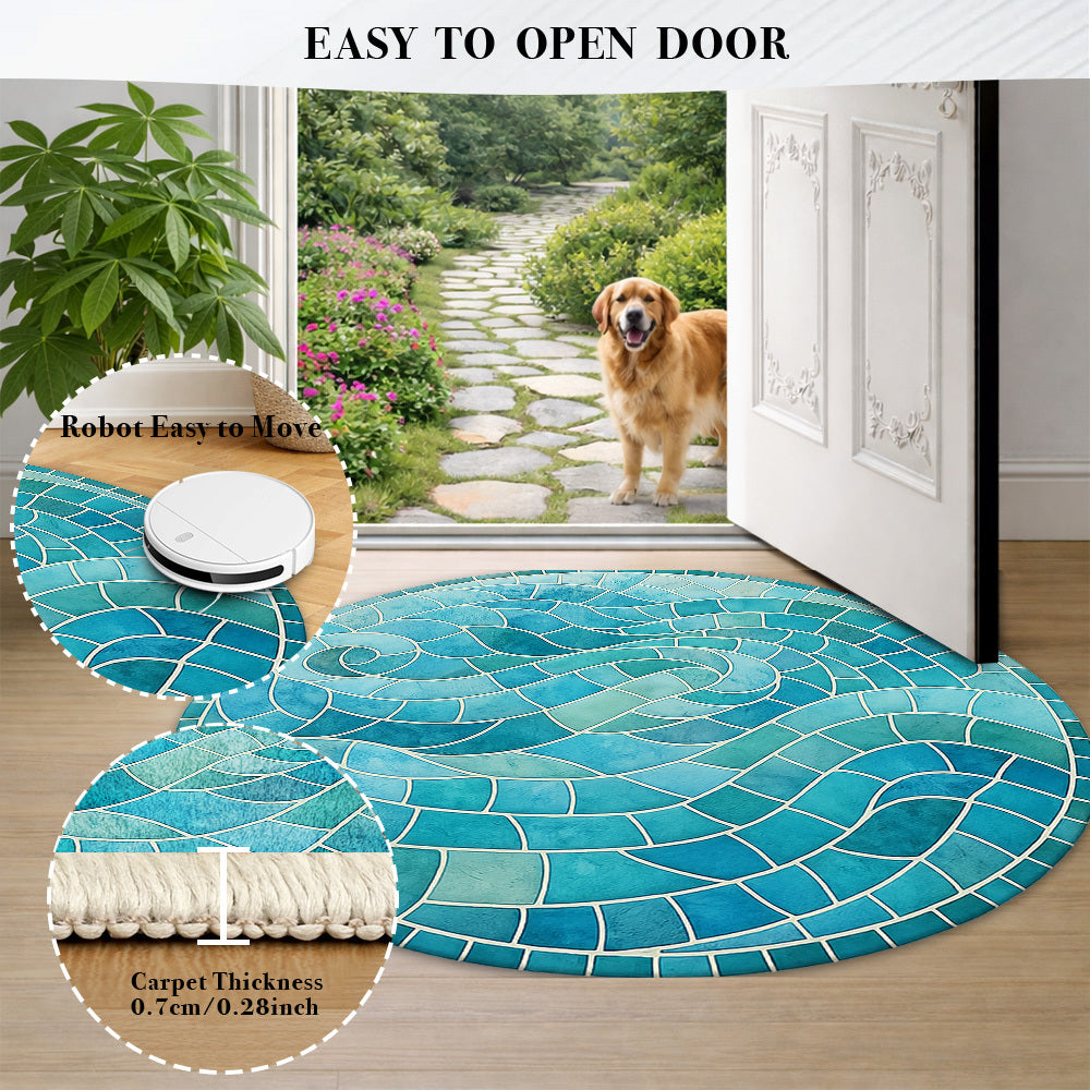 Tapis rond mosaïque ondulée turquoise, dix diamètres au choix