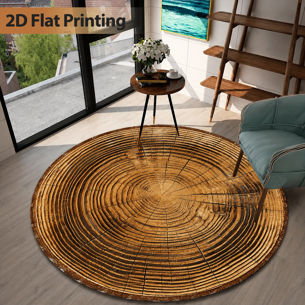 Tapis rond motif anneaux de bois, tranche de tronc imprimée