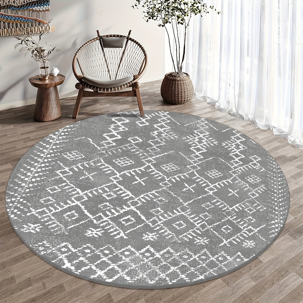 Tapis rond à motif berbère blanc sur gris, Ø 80 à 200 cm