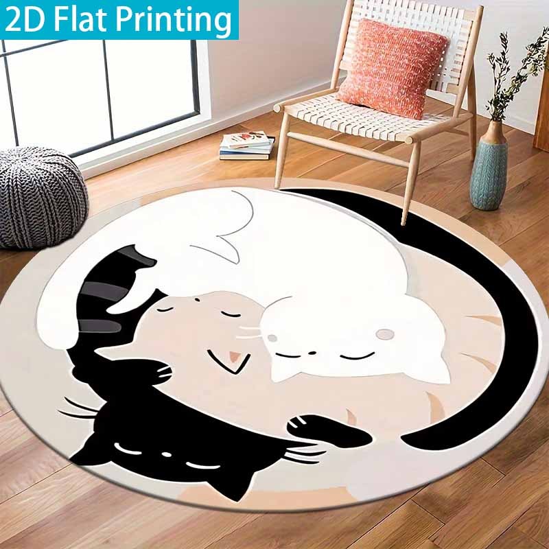 Tapis rond chats crème, noir et beige, velours ras Ø 200 cm