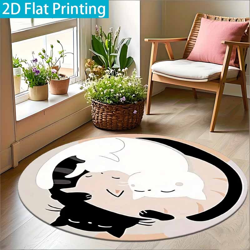 Tapis rond chats crème, noir et beige, velours ras Ø 200 cm