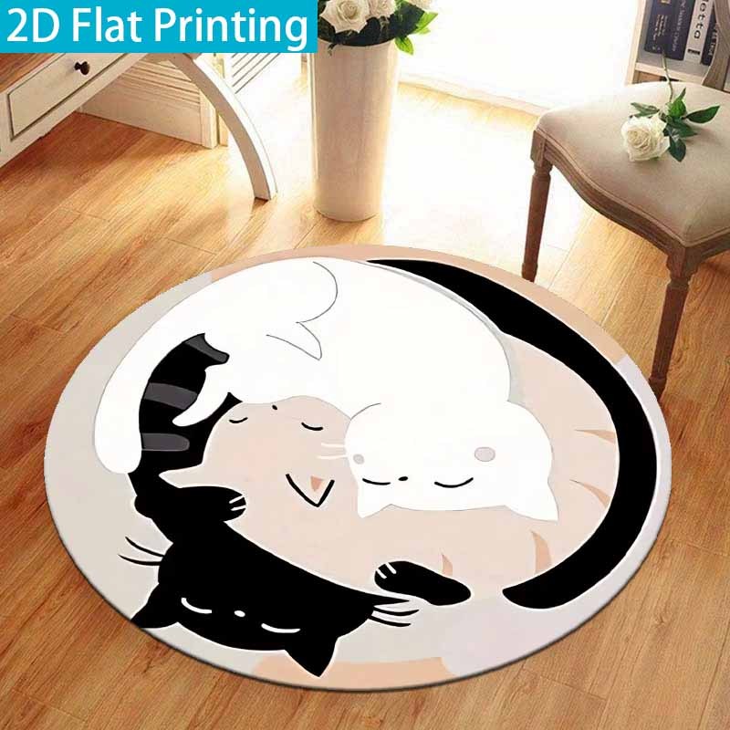 Tapis rond chats crème, noir et beige, velours ras Ø 200 cm