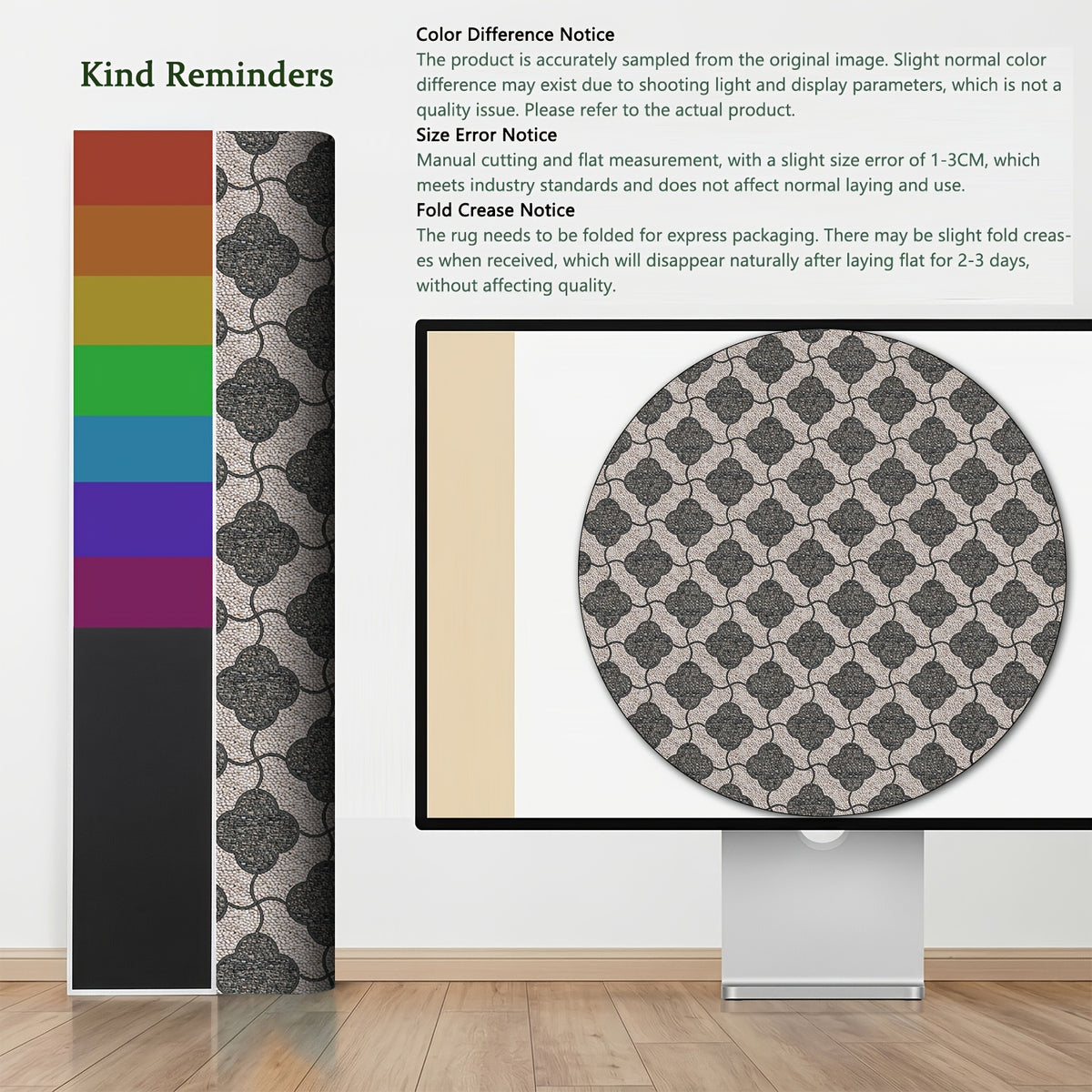 Tapis rond à motif marocain gris et beige, dos à picots