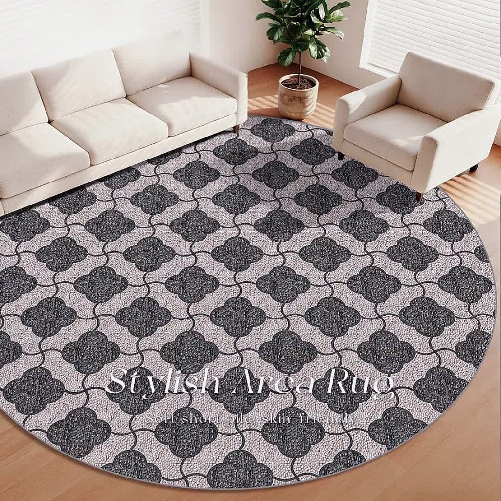 Tapis rond à motif marocain gris et beige, dos à picots