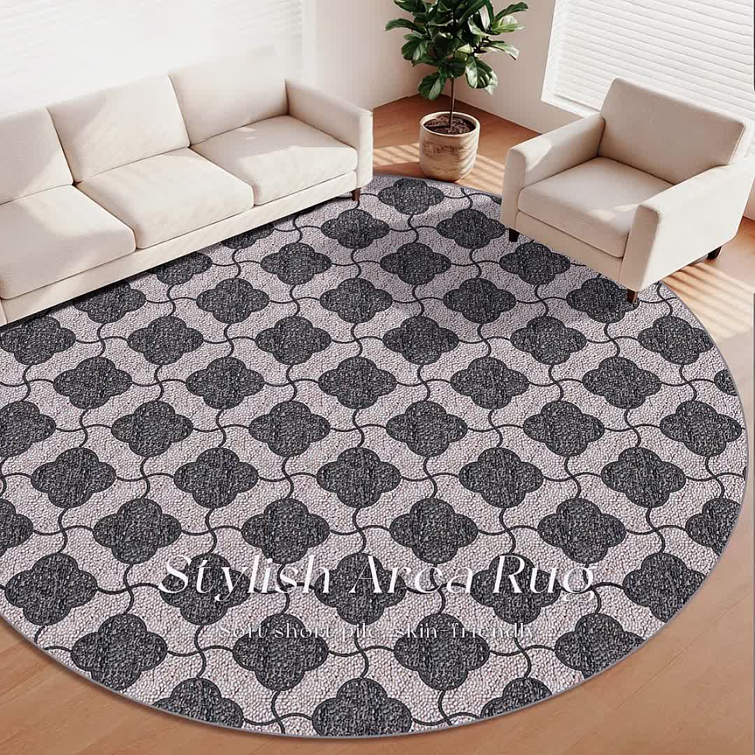 Tapis rond à motif marocain gris et beige, dos à picots