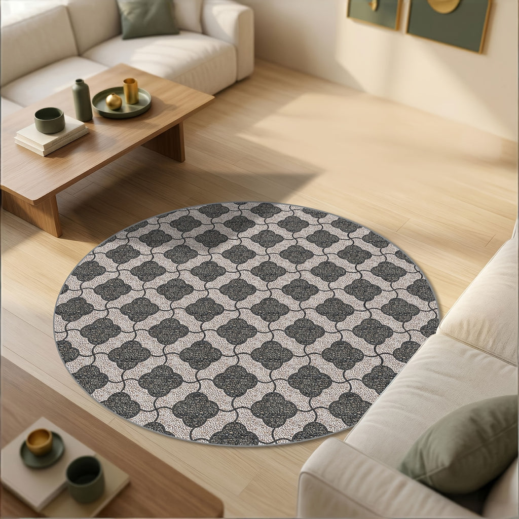 Tapis rond à motif marocain gris et beige, dos à picots