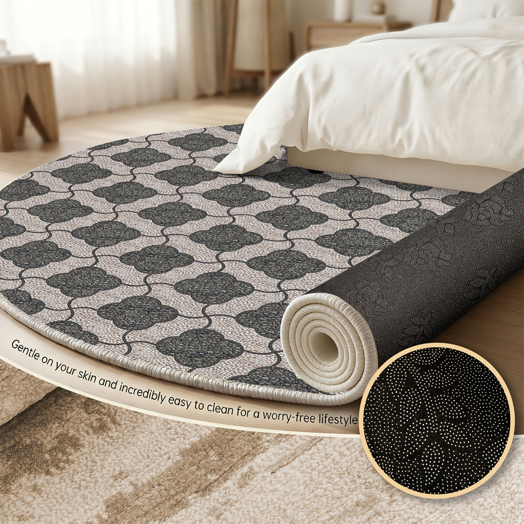 Tapis rond à motif marocain gris et beige, dos à picots